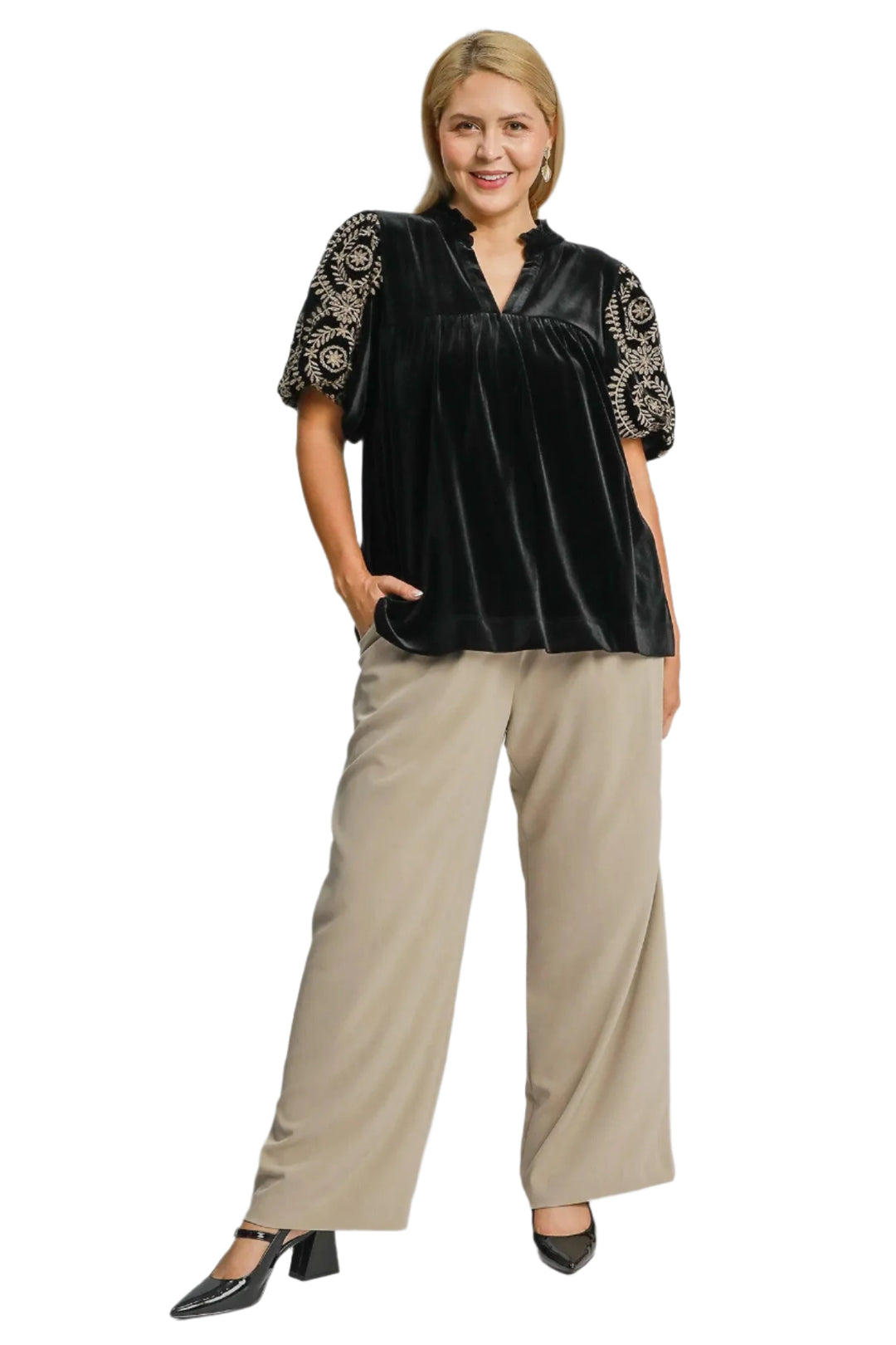 Bluse med broderte ermer i fløyel for kvinner 4