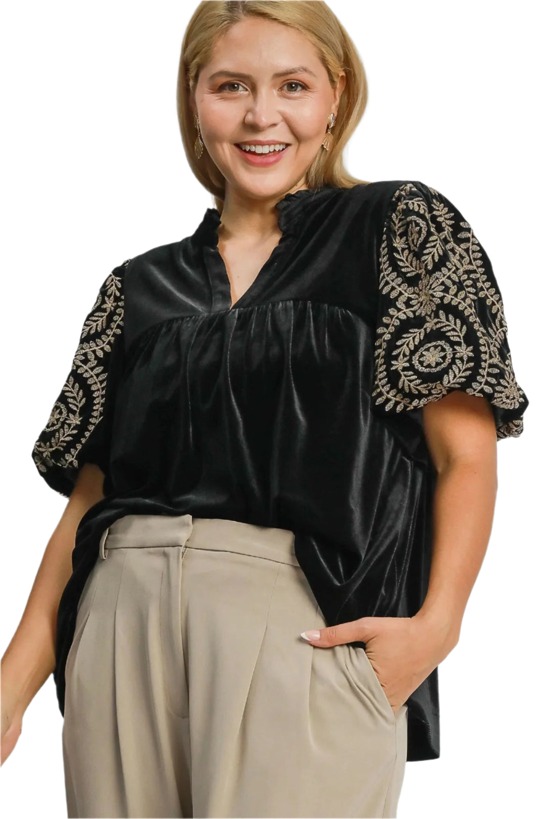 Bluse med broderte ermer i fløyel for kvinner 5