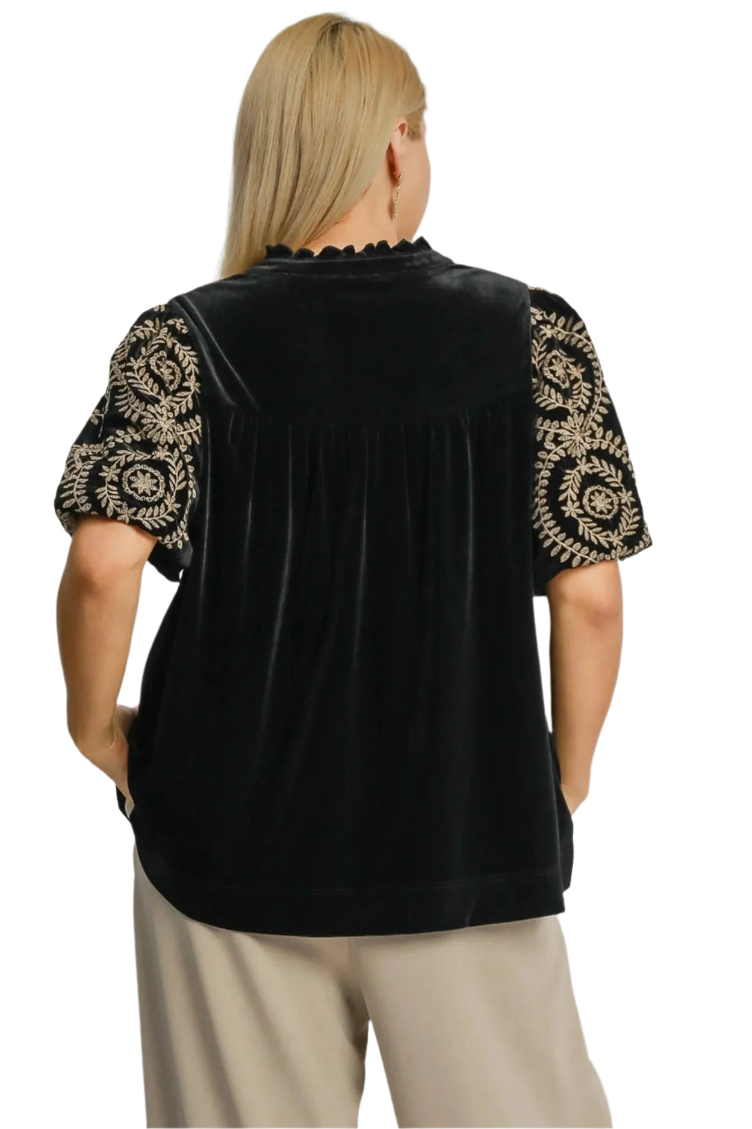 Bluse med broderte ermer i fløyel for kvinner 7