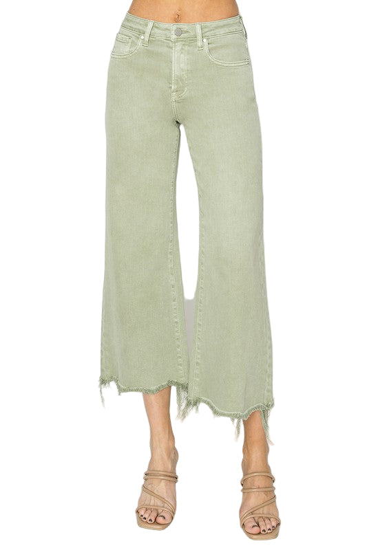 Bukser for kvinner med høy midje og bredt snitt i grønn 0