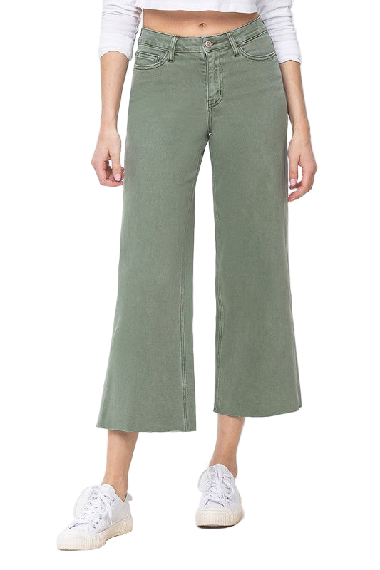 Bukser for kvinner med høy midje og vide ben i armygrønn 0