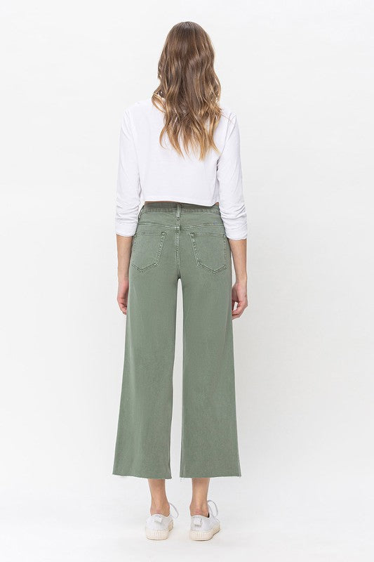 Bukser for kvinner med høy midje og vide ben i armygrønn 2