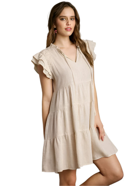 Dame A-Line Sommerkjole i Lin med Lagdelte Design 0