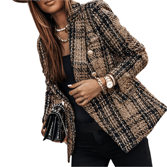 Dame Blazer Rutete Klassisk Stil Høykvalitets Stoff 0