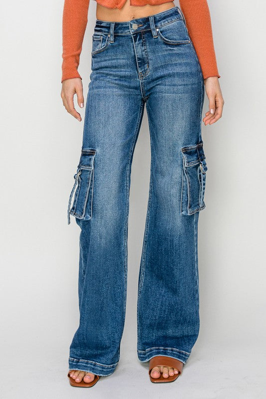 Dame Cargobukse Høy Midje Bred Denim 2