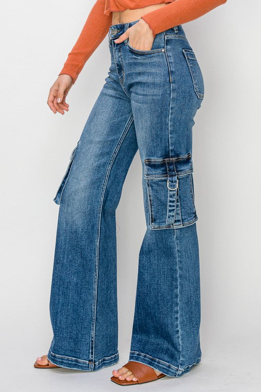 Dame Cargobukse Høy Midje Bred Denim 3