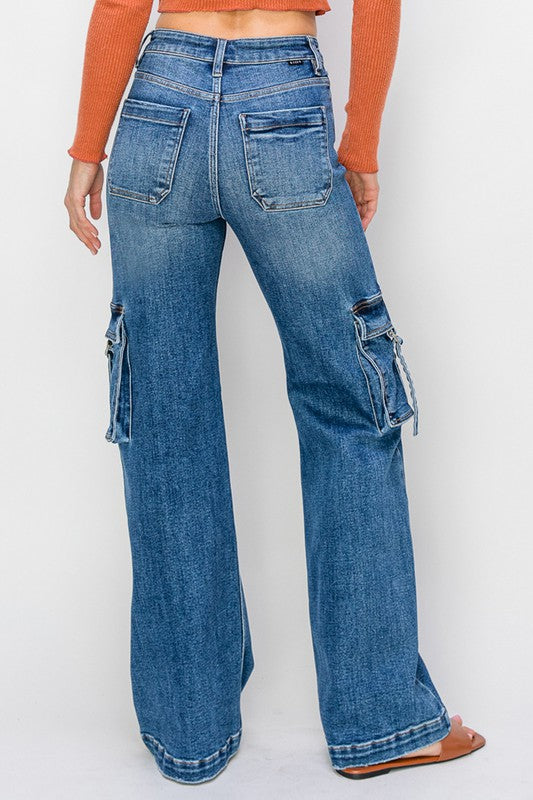 Dame Cargobukse Høy Midje Bred Denim 4