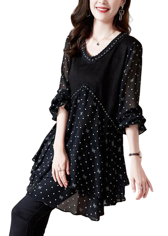 Dame Chiffon Stil Top V-hals med Dot Patchwork 0