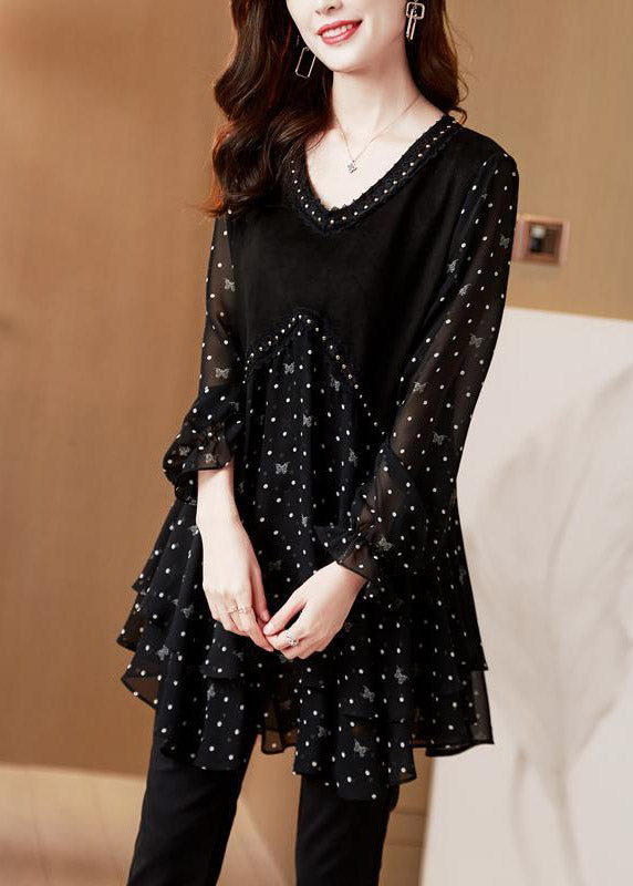 Dame Chiffon Stil Top V-hals med Dot Patchwork 1