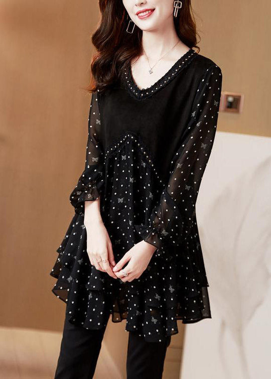 Dame Chiffon Stil Top V-hals med Dot Patchwork 1