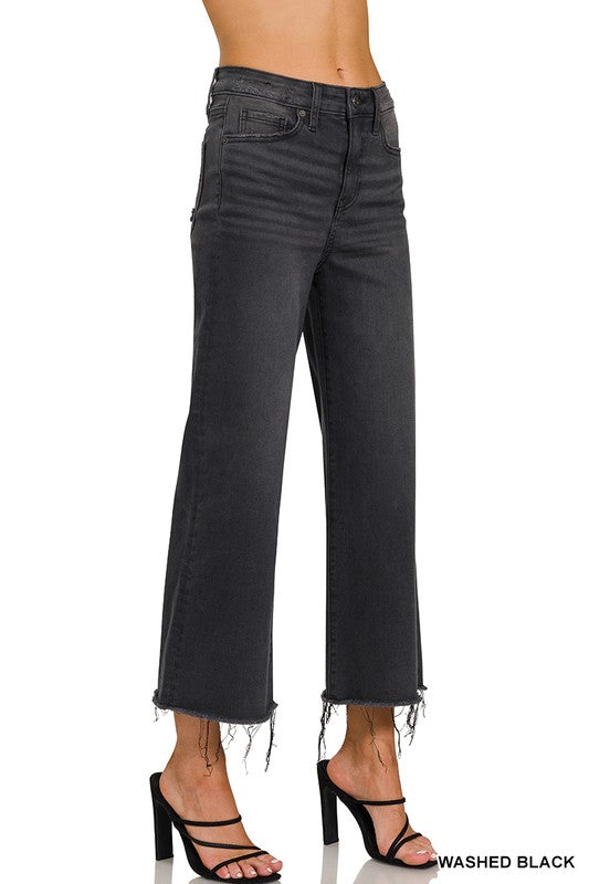 Dame Cropped Jeans Høy Midje Vasket Svart 1