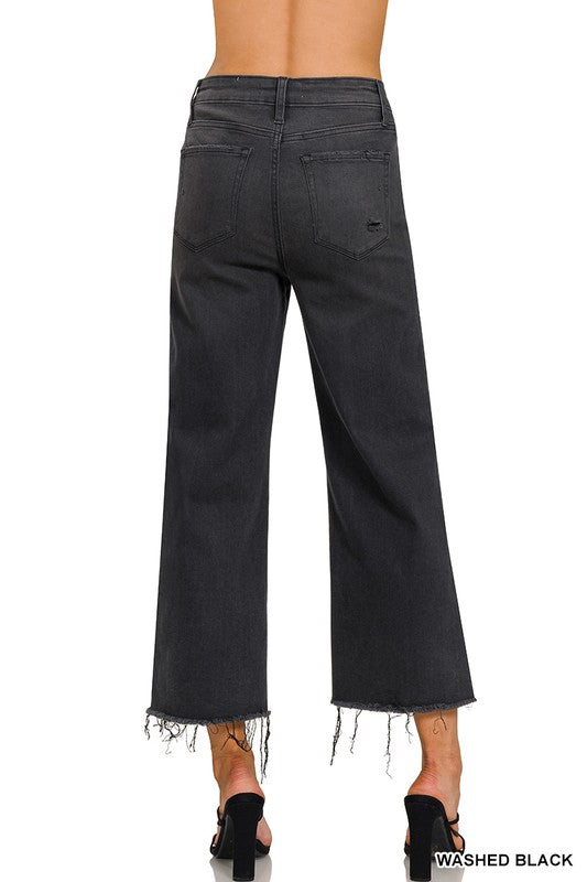 Dame Cropped Jeans Høy Midje Vasket Svart 2