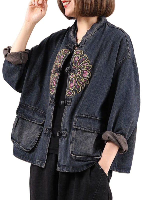 Dame Denim Jakke Med Broderte Lommer 0