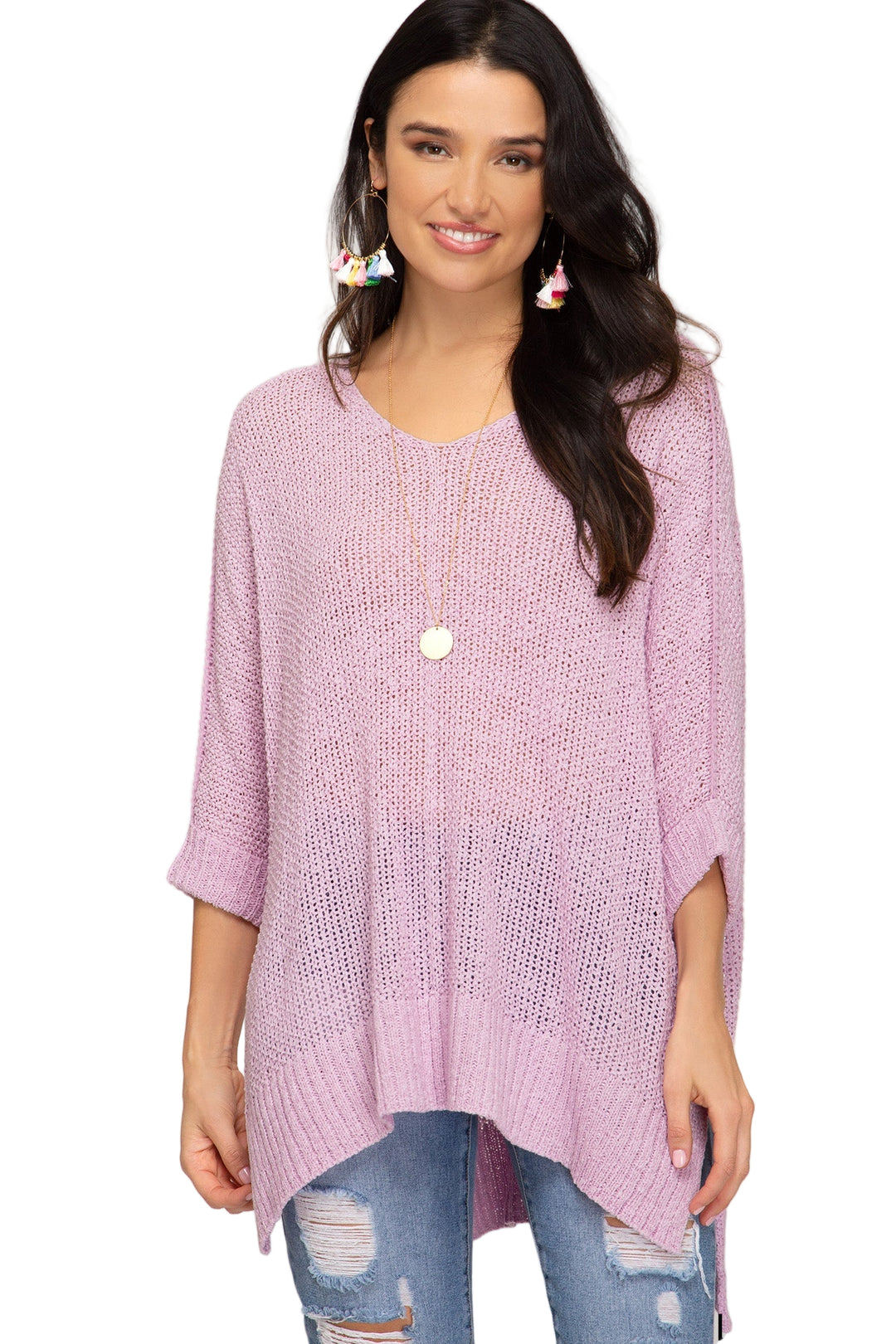 Dame Hi-Lo Genser med 3/4 Ermer og Falt Mansjetter 0