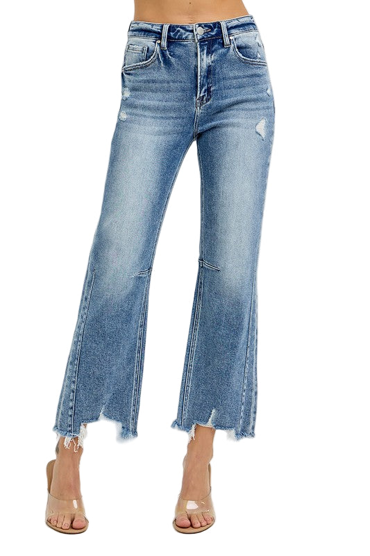 Dame Høyt Liv Crop Straight Jeans med Distressed Kant 0