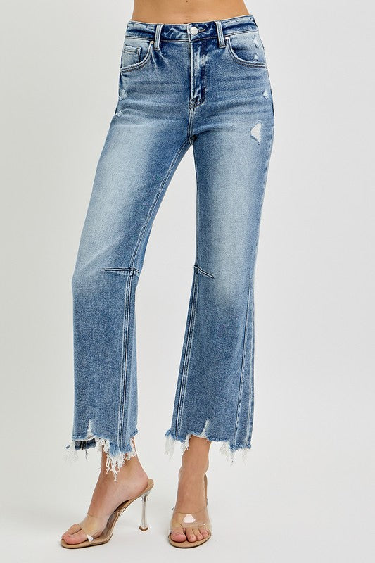 Dame Høyt Liv Crop Straight Jeans med Distressed Kant 1