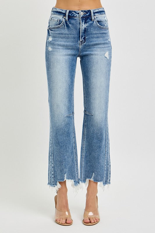 Dame Høyt Liv Crop Straight Jeans med Distressed Kant 2