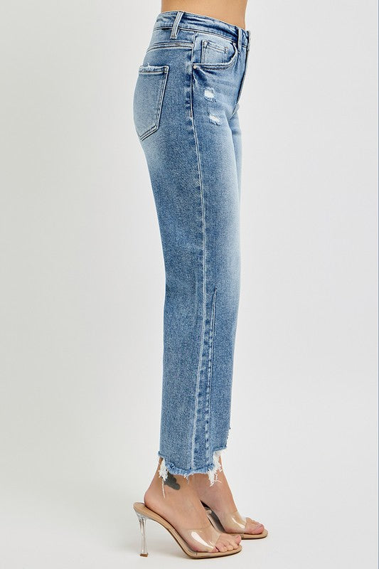 Dame Høyt Liv Crop Straight Jeans med Distressed Kant 3