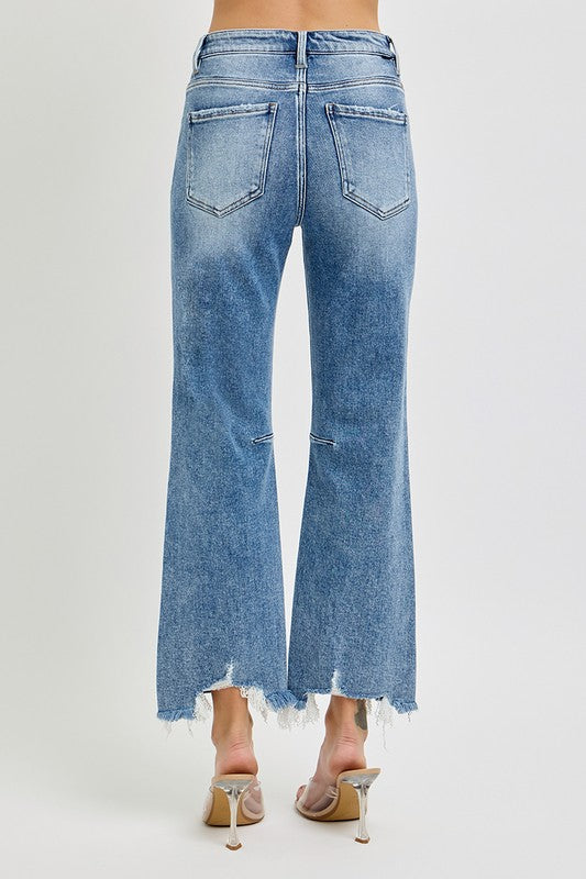 Dame Høyt Liv Crop Straight Jeans med Distressed Kant 4