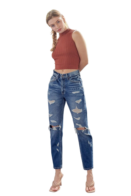 Dame Høyt Liv Mom Fit Denim Jeans 0