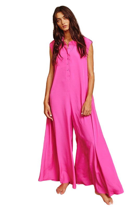 Dame Jumpsuit med Vid Ben Fuchsia Satin 0
