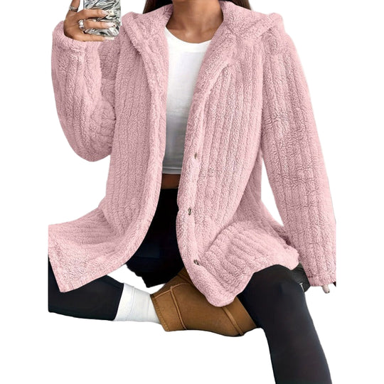 Dame Kåpe Oversized med Hette og Knapper, Ribbet Vinterkåpe 0
