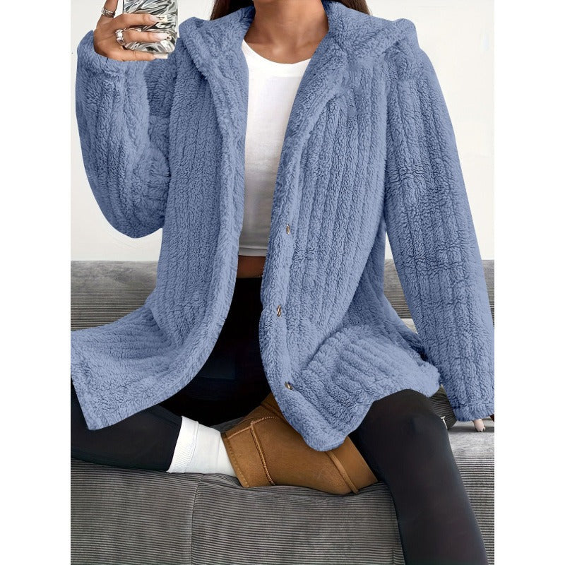 Dame Kåpe Oversized med Hette og Knapper, Ribbet Vinterkåpe 2