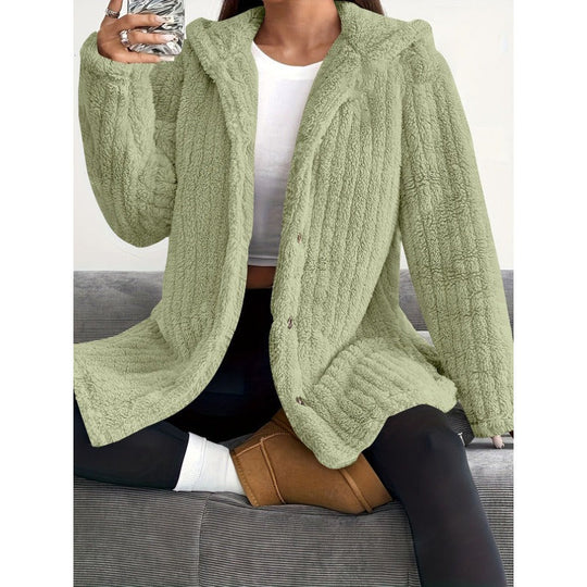 Dame Kåpe Oversized med Hette og Knapper, Ribbet Vinterkåpe 3