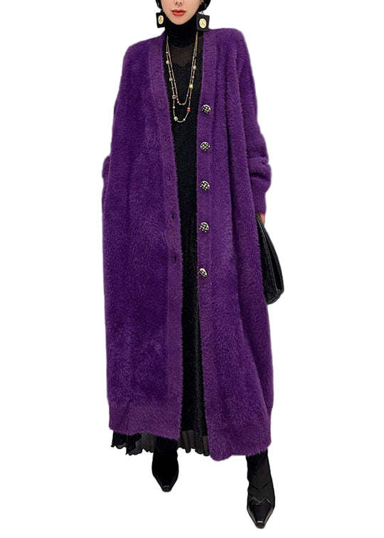 Dame Lang Cardigan med V-hals i Lilla 0