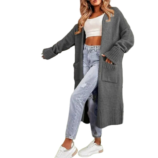 Dame Lang Strikket Cardigan Oversized med Droppede Skuldre og Lommer 0