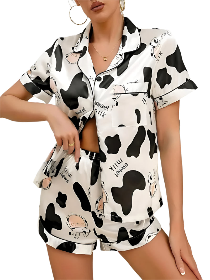 Dame Satin Pyjamas Sett med Knapp og Elastisk Midje 0