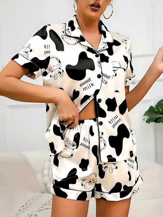 Dame Satin Pyjamas Sett med Knapp og Elastisk Midje 1