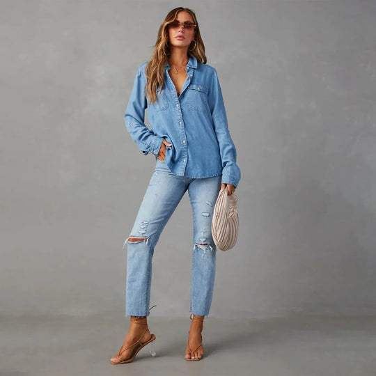 Dame Skjorte Denim Med Lange Ermer Trendy Design 4