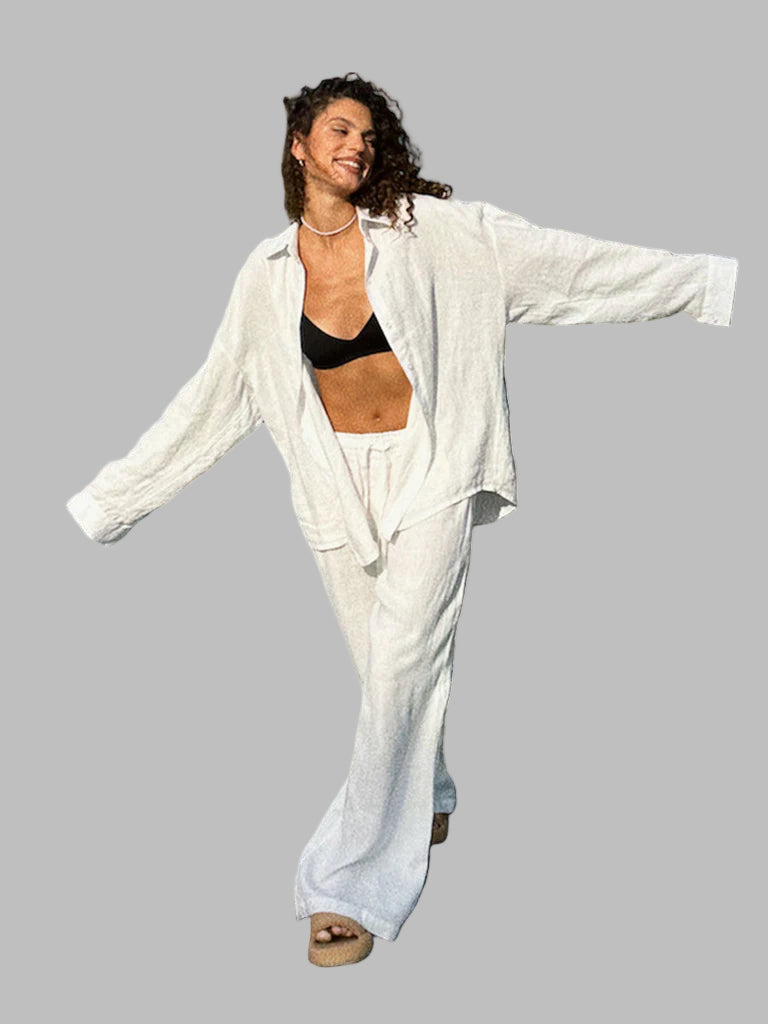 Dame To-delt Sett – Oversized Knapp-Up Skjorte – Vide Bukser – Linblanding 0