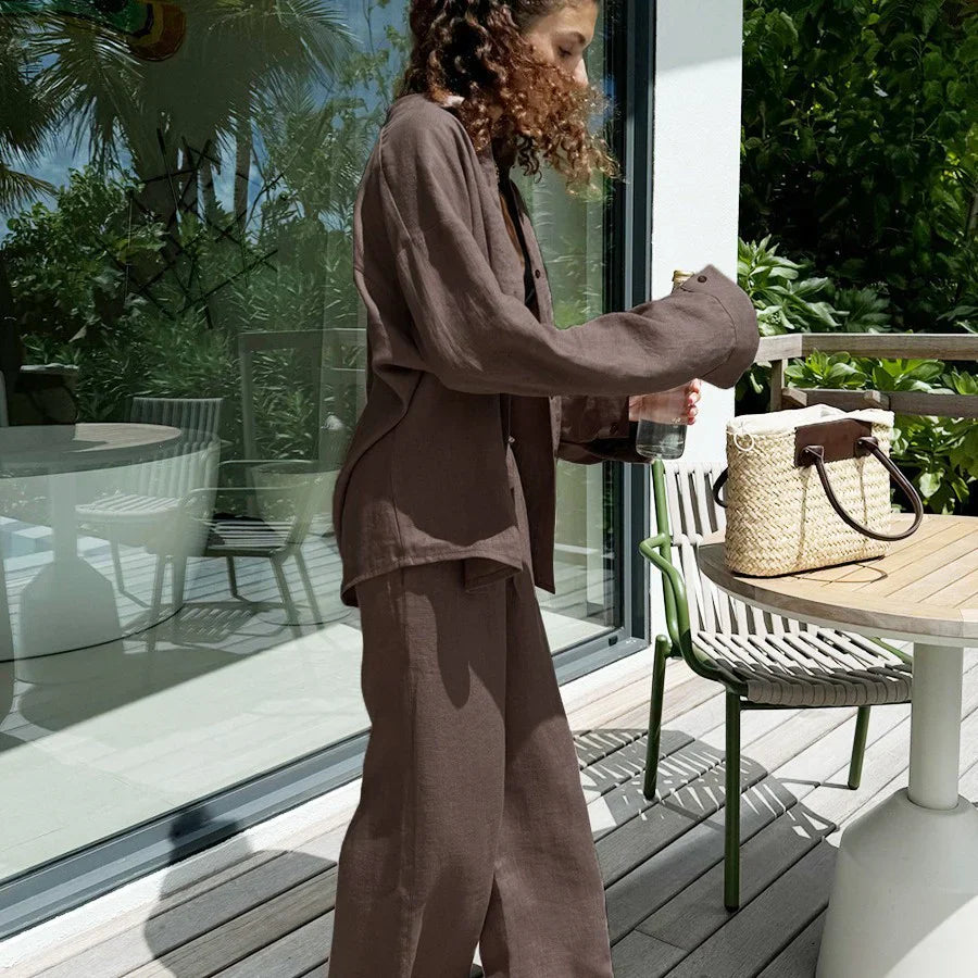 Dame To-delt Sett – Oversized Knapp-Up Skjorte – Vide Bukser – Linblanding 4