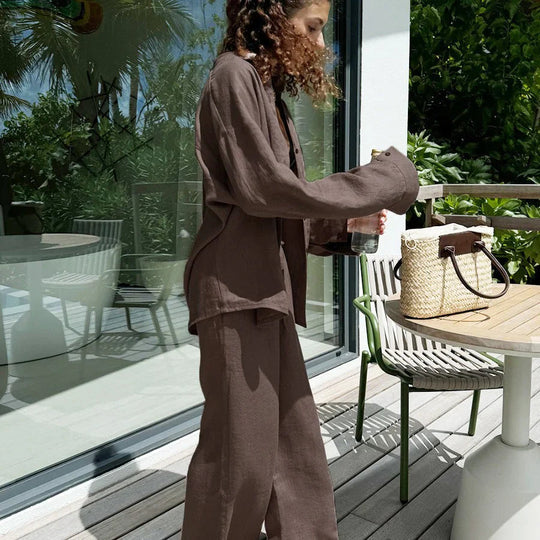 Dame To-delt Sett – Oversized Knapp-Up Skjorte – Vide Bukser – Linblanding 4