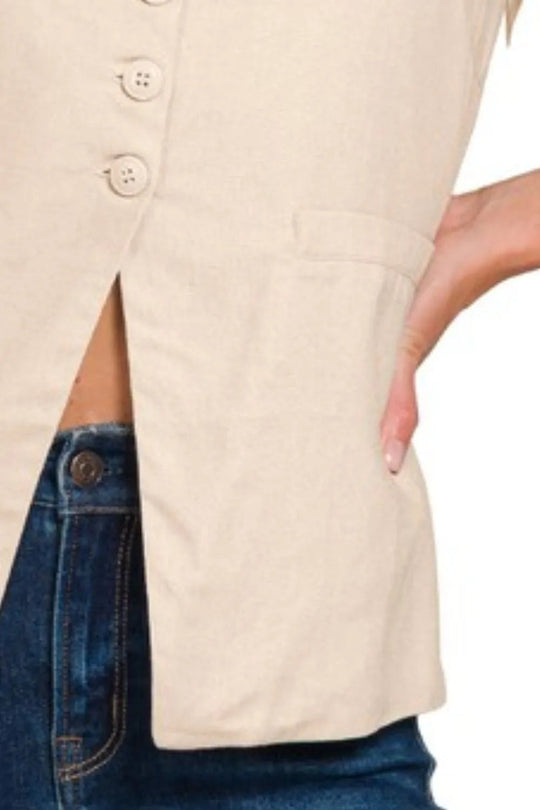 Dame Vest med 4 Knapper og Bånd i Lin 2