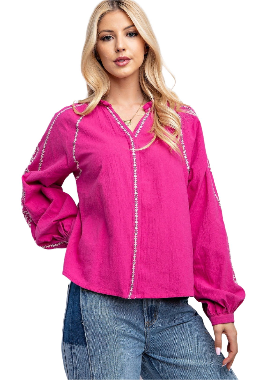 Dametopp med broderi i lin og gasbind 0