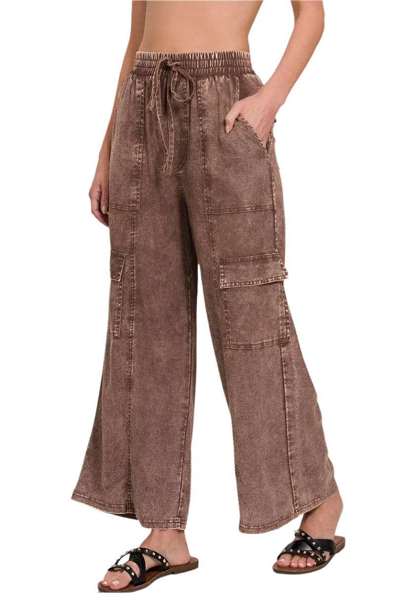 Herre Bukser Cargo Vasket Lin med Elastisk Midje 0