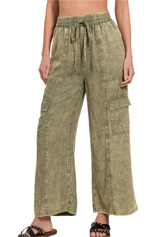 Herre Bukser Cargo Vasket Lin med Elastisk Midje 0