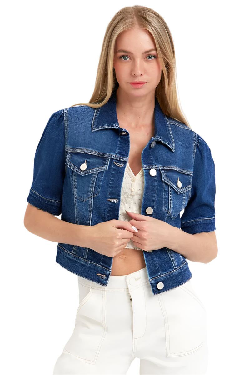Kvinne Crop Denim Jakke med Pufferte Korte Ermer 0