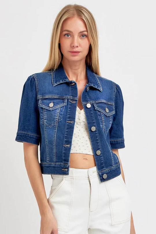 Kvinne Crop Denim Jakke med Pufferte Korte Ermer 1