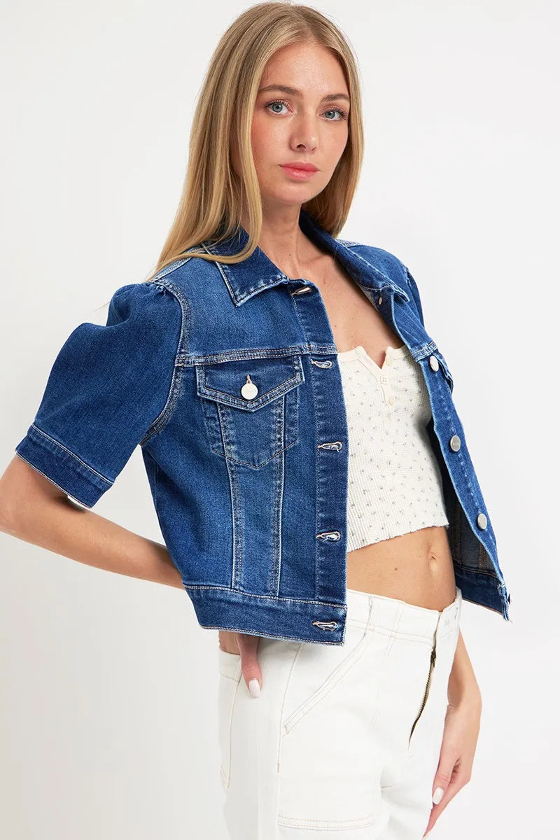 Kvinne Crop Denim Jakke med Pufferte Korte Ermer 3