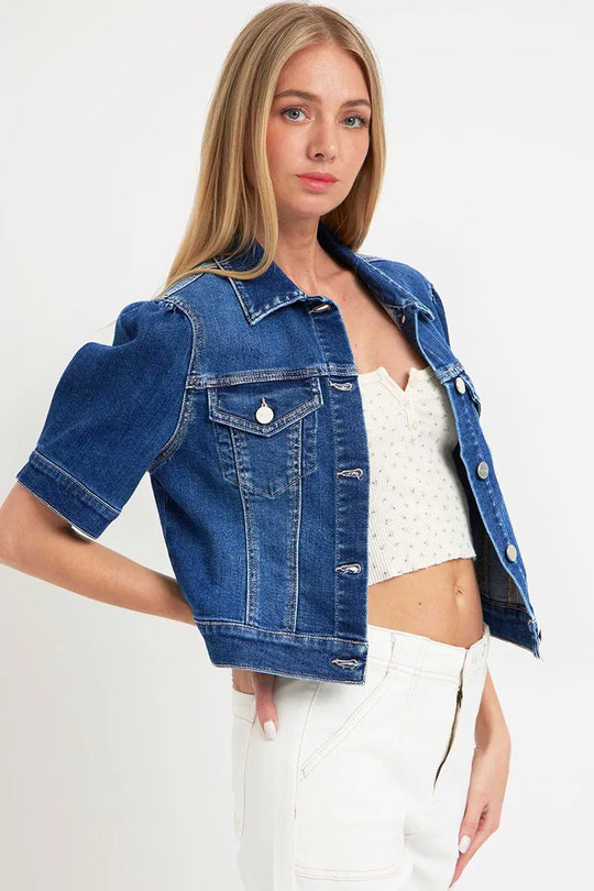 Kvinne Crop Denim Jakke med Pufferte Korte Ermer 3