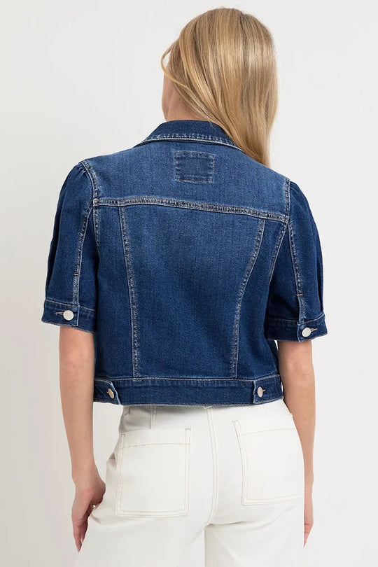 Kvinne Crop Denim Jakke med Pufferte Korte Ermer 4