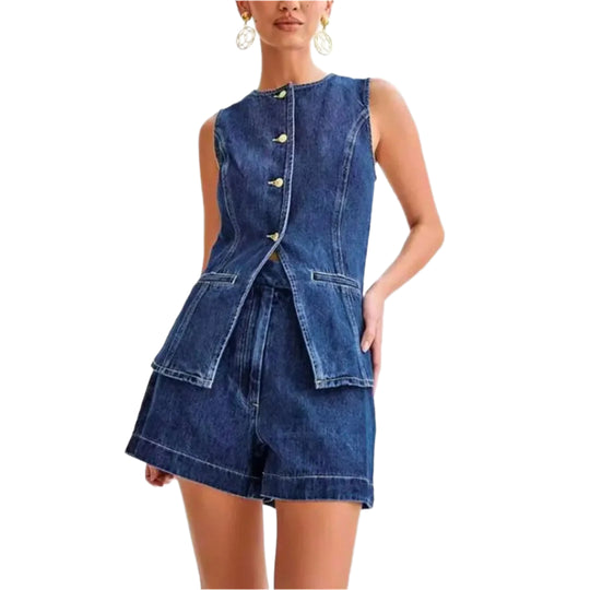 Kvinne Denim Sett Med Ermeløs Topp Og Høyt Liv 0