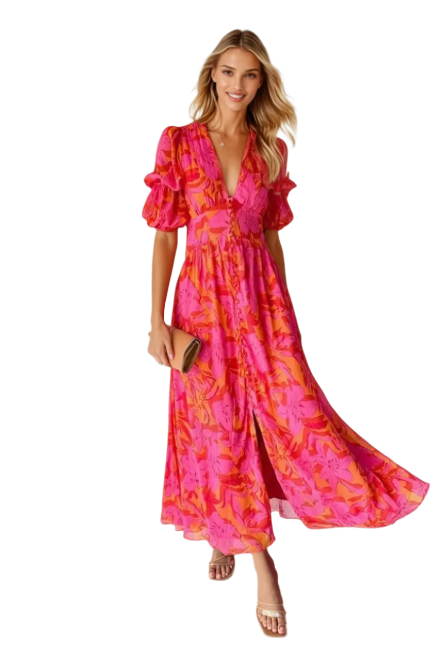 Kvinne Maxi Kjole Flott V-utringning Lett Stoff 0