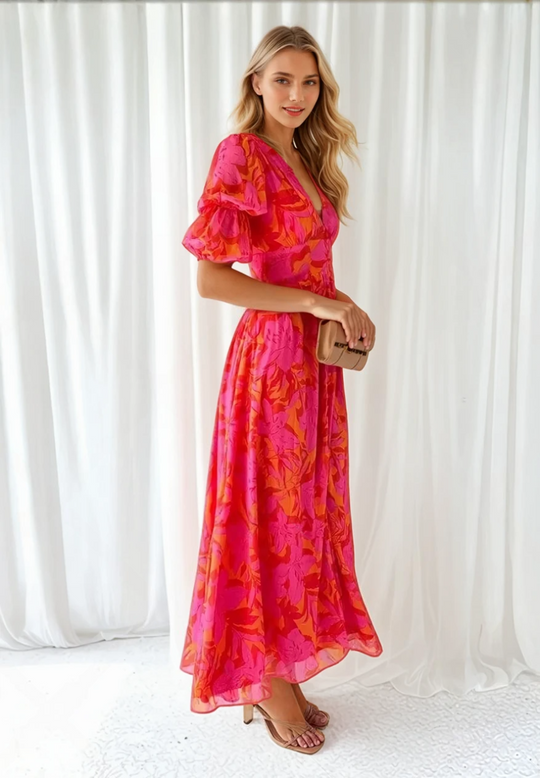 Kvinne Maxi Kjole Flott V-utringning Lett Stoff 1