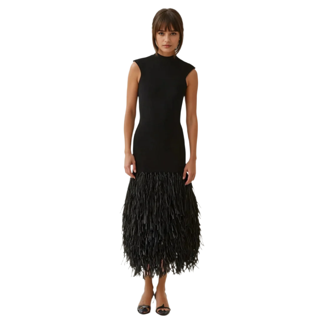 Kvinne Maxi Kjole Med Fjærskjørt 0