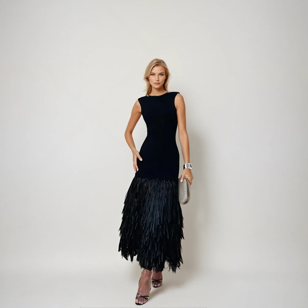 Kvinne Maxi Kjole Med Fjærskjørt 2